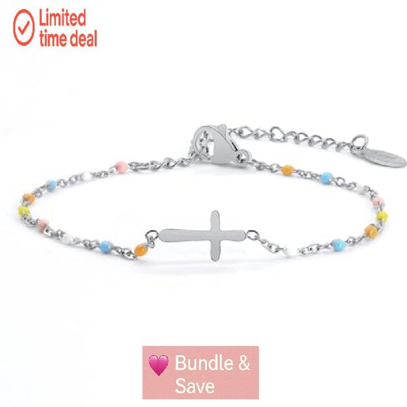 14K Gold Plated Cross Beaded Bracelet Adjustable Stainless Steel Link Chain - Picture 2 of 7